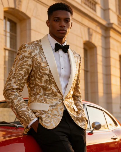 Men's Champagne  Floral Sequin Shawl Lapel Blazer prom suit