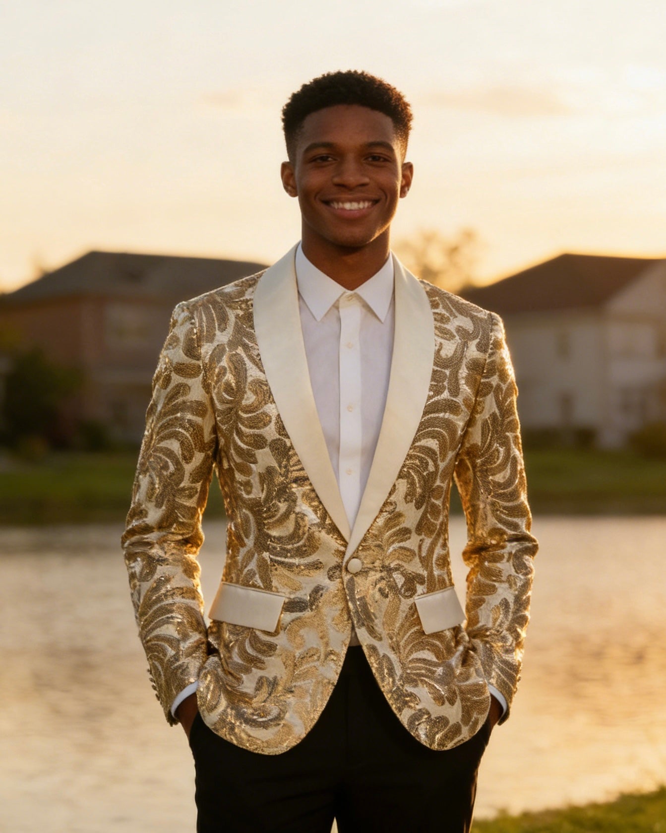 Men's Champagne  Floral Sequin Shawl Lapel Blazer prom suit