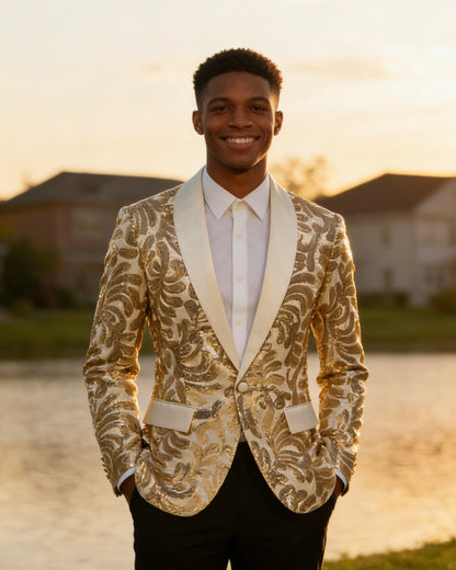 Men's Champagne  Floral Sequin Shawl Lapel Blazer prom suit