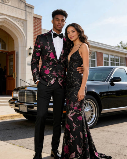 Men's Magenta 2-Piece Birdsong Forest Embroidery Notched Lapel Formal Prom Suit