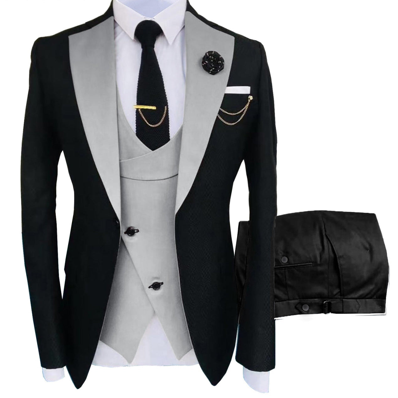 Formal Men's Suits Slim Fit 3 Pieces Notch Lapel Tuxedos (Blazer+Vest+Black Pant)