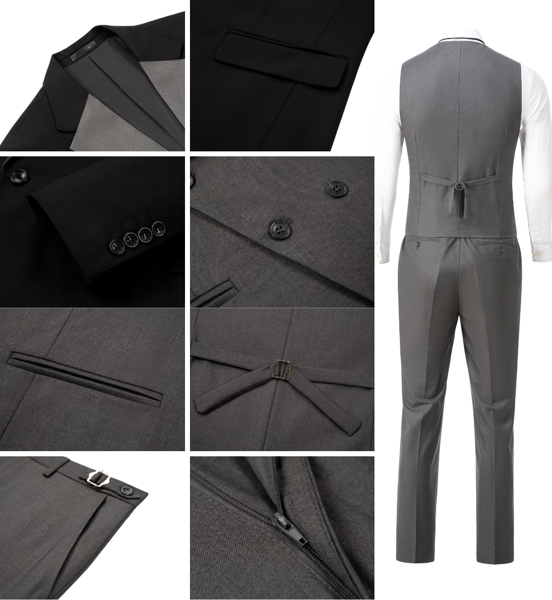 Formal Men's Suits Slim Fit 3 Pieces Notch Lapel Tuxedos (Blazer+Vest+Black Pant)