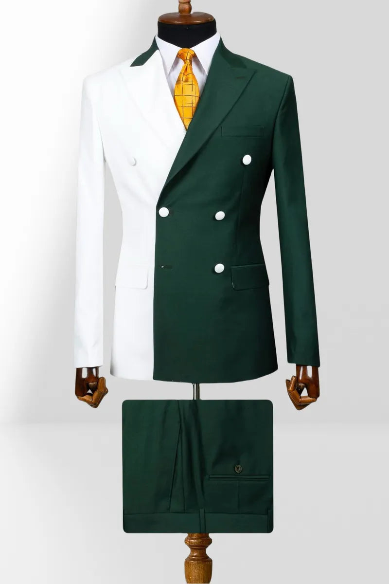Men Green & White 2-Piece Peaked Lapel Double Breasted Prom Suits