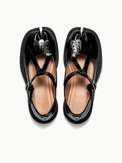 Black Patent Leather Fringed Tabi Mary-Janes Loafers