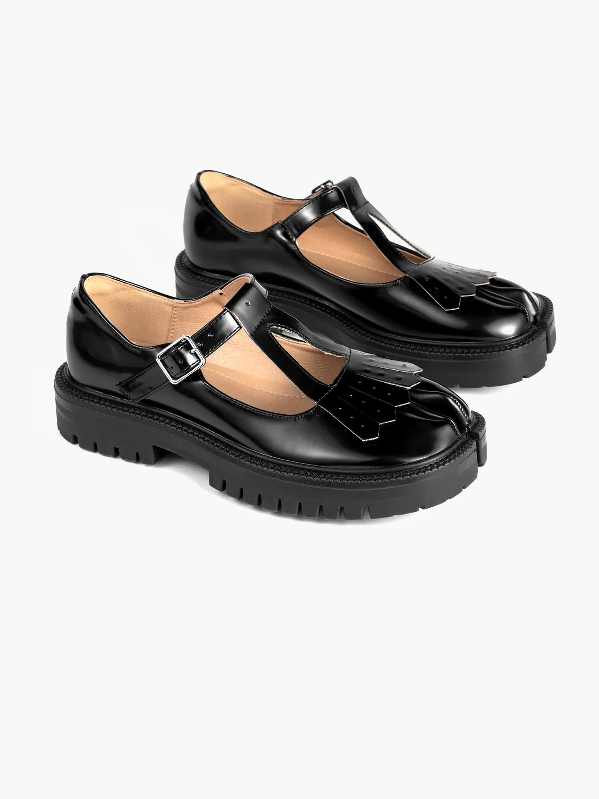 Black Patent Leather Fringed Tabi Mary-Janes Loafers
