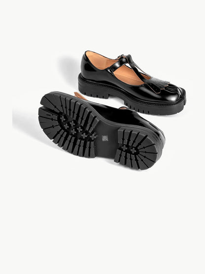 Black Patent Leather Fringed Tabi Mary-Janes Loafers