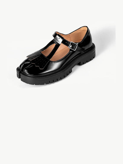 Black Patent Leather Fringed Tabi Mary-Janes Loafers