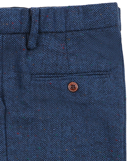 Men's Casual Suit Pants Royal Blue Herringbone Pleat-Front Trousers